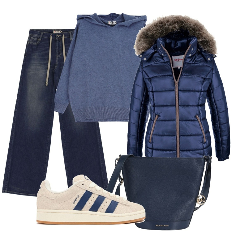 Outfit donna - Blu in città. Stile Casual per Tutti i giorni. Abbinamento con piumini, borse a spalla, pullovers, jeans, sneakers.