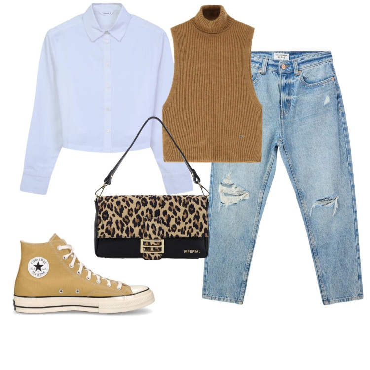 Outfit donna - Converse e borsa animalier. Stile Sporty chic per Tutti i giorni. Abbinamento con jeans mom, camicie, maglieria, borse a spalla, sneakers.