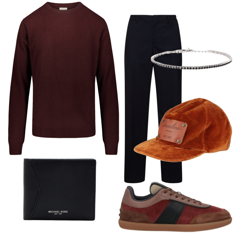 Outfit uomo - Total look #2044397. Stile Casual per Tutti i giorni. Abbinamento con cappelli con visiera, portafogli, sneakers, braccialetti, maglieria, pantaloni.
