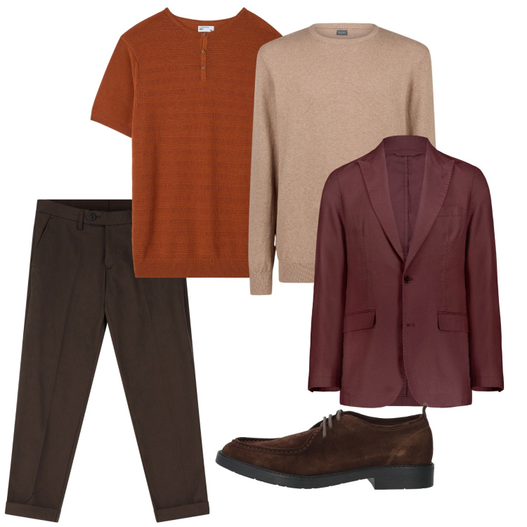 Outfit uomo - I marroni. Stile Casual per Tutti i giorni. Abbinamento con scarpe stringate, t-shirt, pantaloni chino, maglieria, giacche.