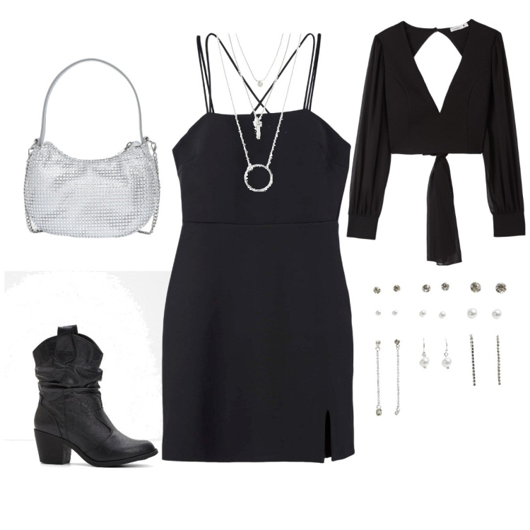 Outfit donna - Serata tra amiche. Stile Glamour per Serata fuori. Abbinamento con ciondoli, stivaletti texani, bluse, vestiti corti, orecchini, borse a spalla.