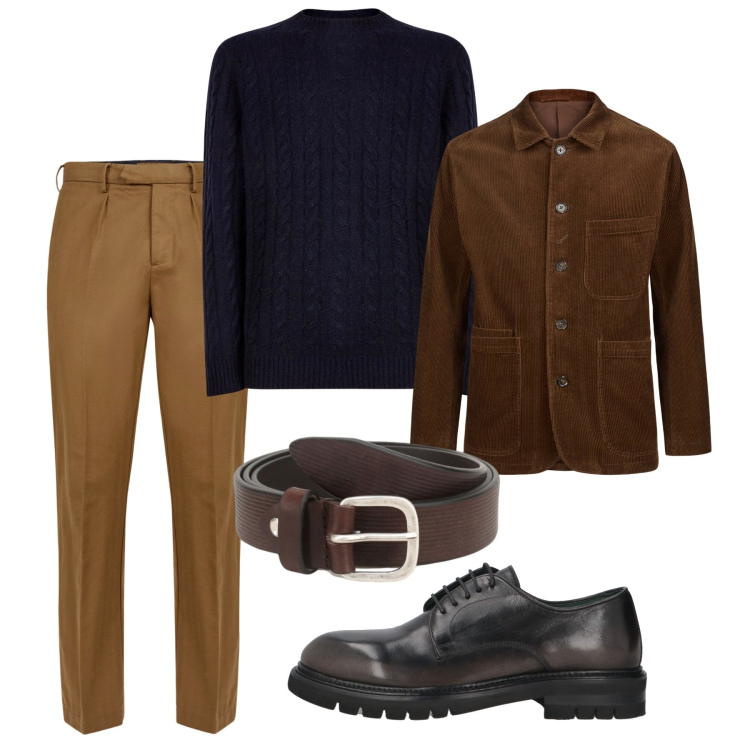 Outfit uomo - Blu notte e tabacco. Stile Casual per Ufficio. Abbinamento con scarpe stringate, cinture, giacche, pantaloni, maglieria.