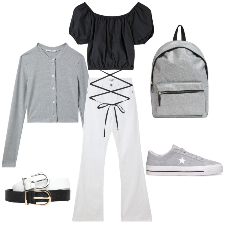 Outfit donna - Scuola o tempo libero. Stile Basic per Scuola/Università. Abbinamento con jeans a zampa, bluse, zaini, cardigans, cinture, sneakers.