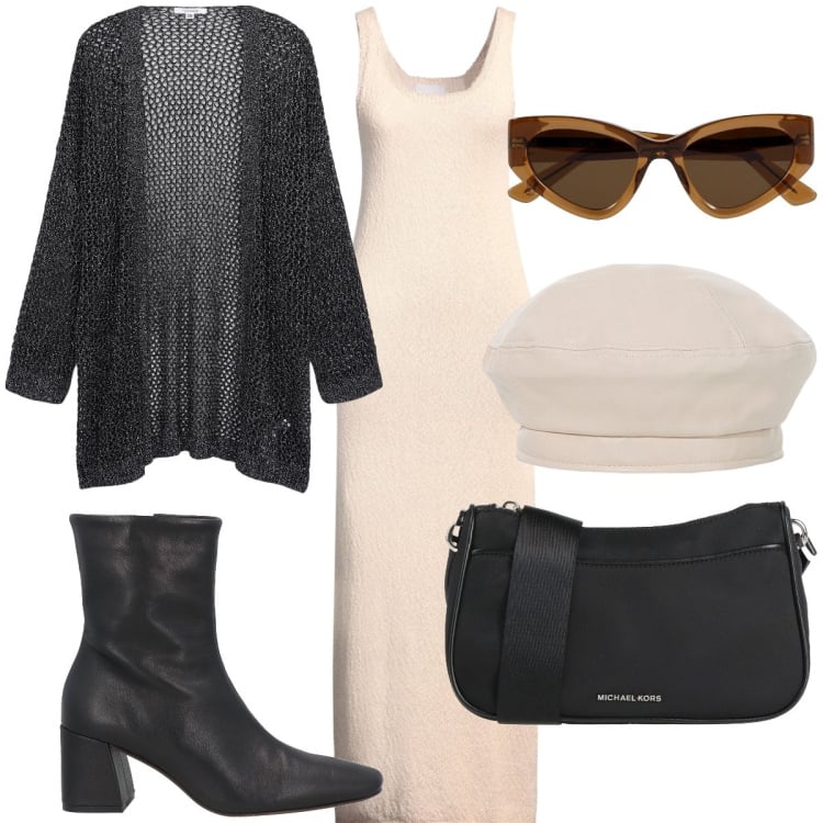 Outfit donna - Total look #2044423. Stile Trendy per Tutti i giorni. Abbinamento con borse a tracolla, stivaletti, vestiti lunghi, kimono, cappelli e berretti, occhiali da sole.