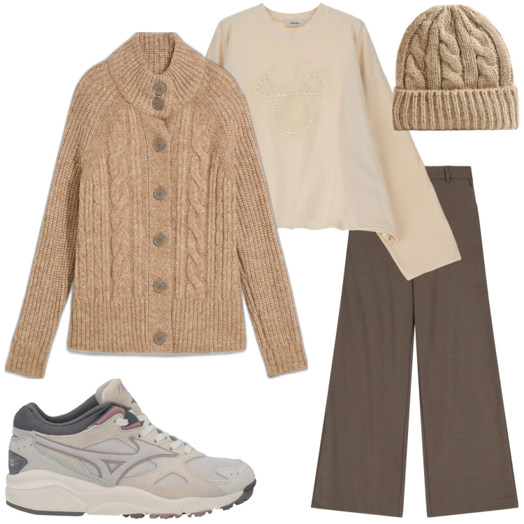 Outfit donna - Pantaloni palazzo. Stile Basic per Tutti i giorni. Abbinamento con cardigans, sneakers, berretti, pantaloni a palazzo, felpe.