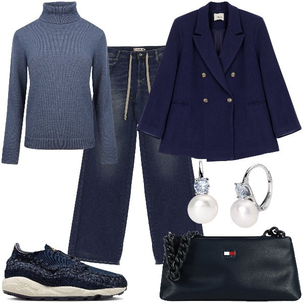 Outfit donna - Total look #2044445. Stile Sporty chic per Ufficio. Abbinamento con borse a mano, orecchini, jeans, blazer, maglieria, sneakers.
