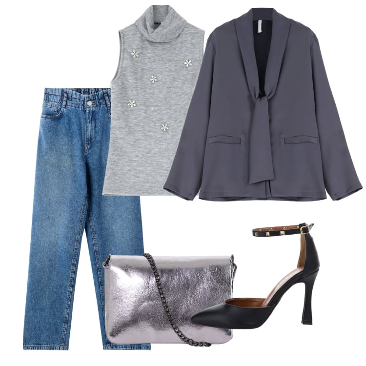 Outfit donna - La sera in jeans. Stile Casual chic per Serata fuori. Abbinamento con jeans, maglieria, blazer, décolleté, pochette.