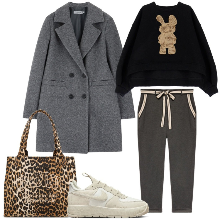 Outfit donna - Shopping in centro. Stile Casual chic per Tutti i giorni. Abbinamento con cappotti, felpe, pantaloni chino, sneakers, shopping bag.