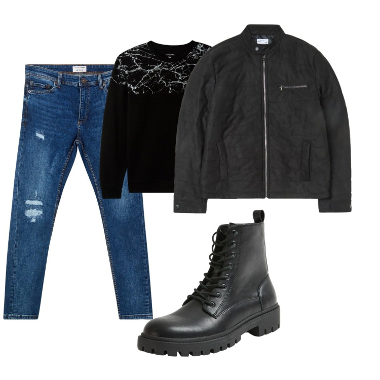 Outfit uomo - Total look #2044458. Stile Biker Rock per Serata speciale. Abbinamento con jeans strappati, anfibi, felpe, giacche.