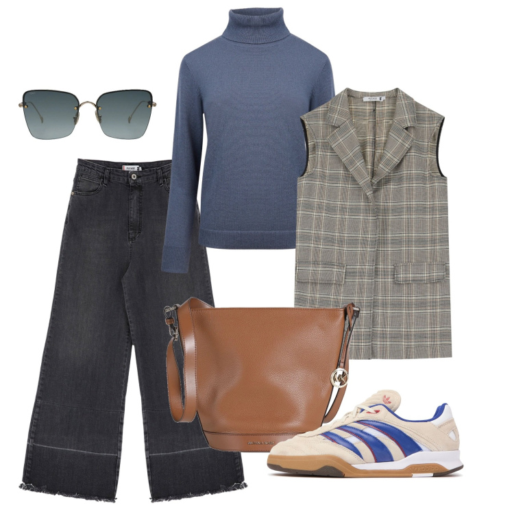 Outfit donna - I wide col dolcevita. Stile Casual per Tutti i giorni. Abbinamento con borse a spalla, occhiali da sole, jeans, gilet, maglieria, sneakers.