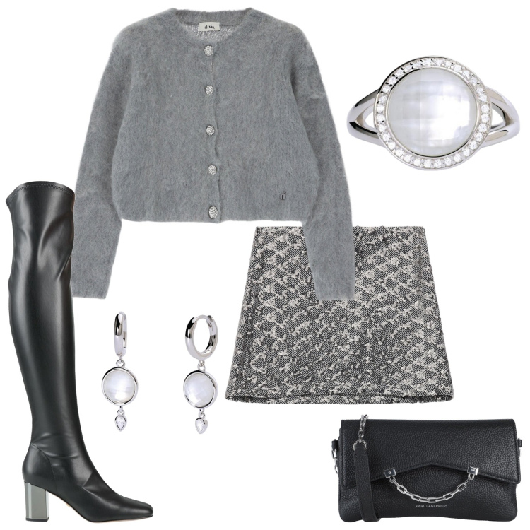 Outfit donna - Serata. Stile Chic per Serata fuori. Abbinamento con stivali, borse a tracolla, orecchini, anelli, minigonne, cardigans.