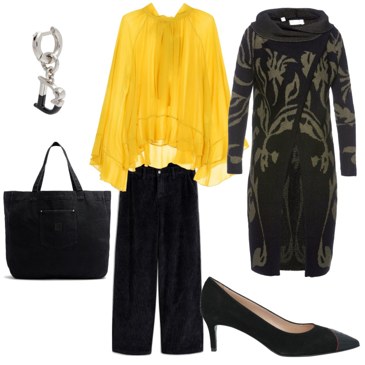 Outfit donna - In ufficio con il giallo. per Ufficio. Abbinamento con cardigans, pantaloni a palazzo, orecchini, décolleté, camicie, shopping bag.