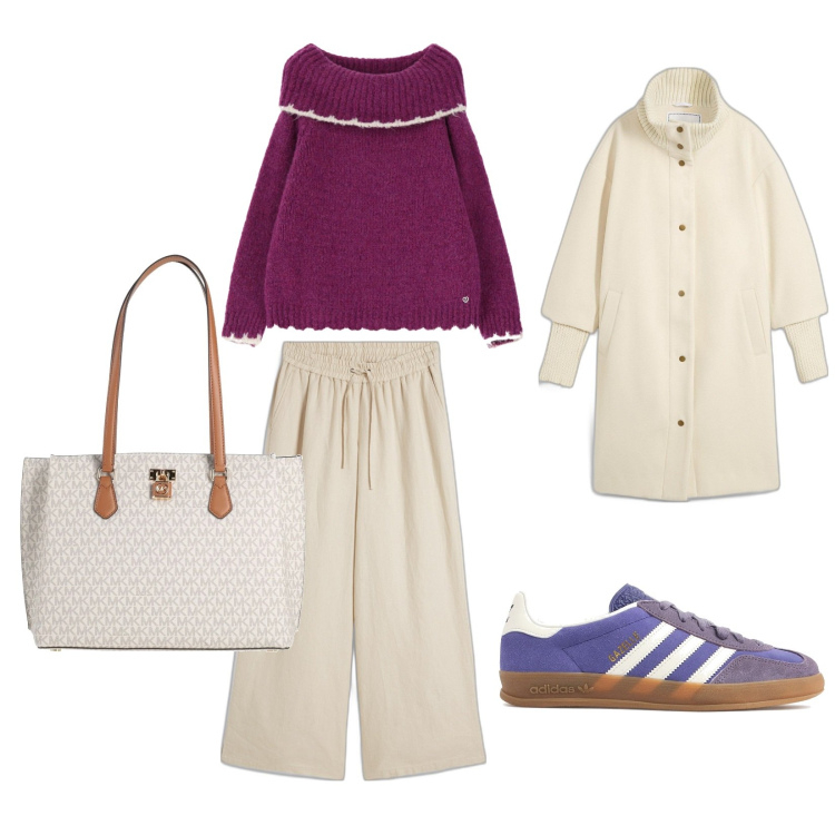 Outfit donna - Vado a prendere il treno. per Tutti i giorni. Abbinamento con cappotti, pantaloni a palazzo, borse a spalla, maglieria, sneakers.