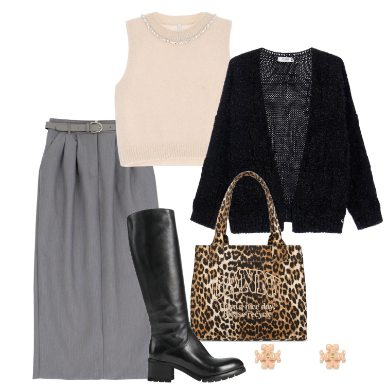 Outfit donna - Un\'occasione formale. Stile Chic per Tutti i giorni. Abbinamento con stivali, orecchini, gonne lunghe, maglieria, cardigans, shopping bag.