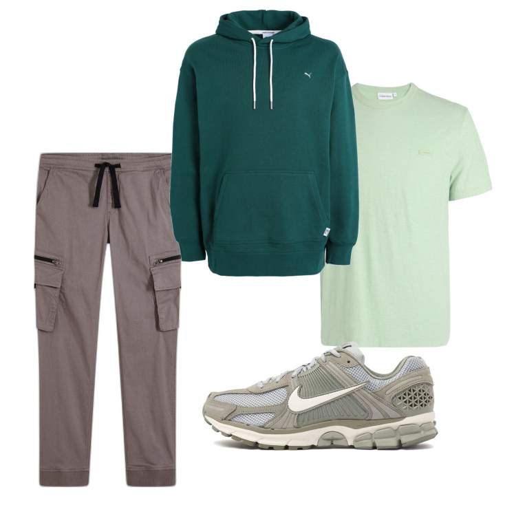 Outfit uomo - Passeggiata al parco. Stile Urban per Tutti i giorni. Abbinamento con pantaloni cargo, felpe con cappuccio, t-shirt, sneakers.