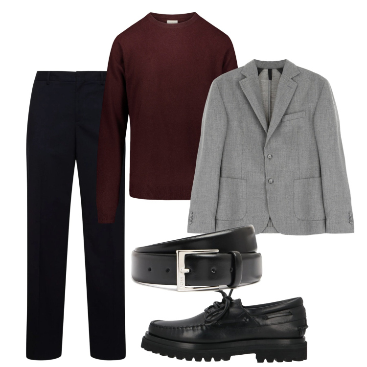 Outfit uomo - Grigio sul bordeaux. Stile Casual per Serata speciale. Abbinamento con scarpe stringate, giacche, maglieria, pantaloni, cinture.