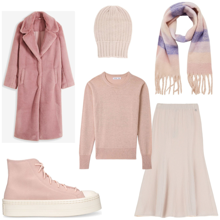 Outfit donna - Pelliccia e gonna in città. Stile Minimal per Tutti i giorni. look ideale per Petite. Abbinamento con ecopellicce, sciarpe, maglieria, berretti, gonne lunghe, sneakers.