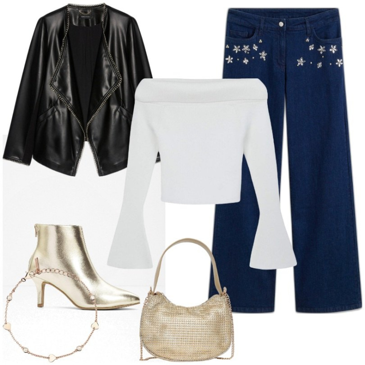 Outfit donna - Jeans wide leg, a vita media. Stile Urban per Tutti i giorni. Abbinamento con jeans, stivaletti, maglieria, borse a spalla, braccialetti, blazer.