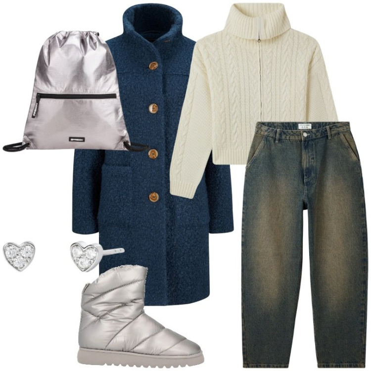 Outfit donna - Vestibilità ampia e rilassata. Stile Basic per Tutti i giorni. Abbinamento con cappotti, stivaletti, jeans, cardigans, orecchini, zaini.
