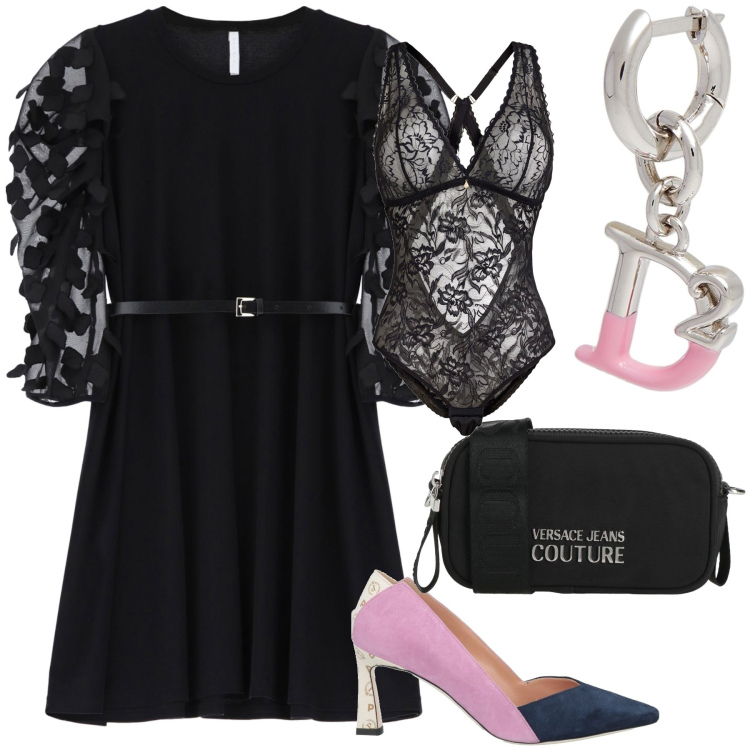 Outfit donna - Una rielaborazione della LBD. Stile Glamour per Serata fuori. Abbinamento con décolleté, borse a tracolla, orecchini, body, vestiti.
