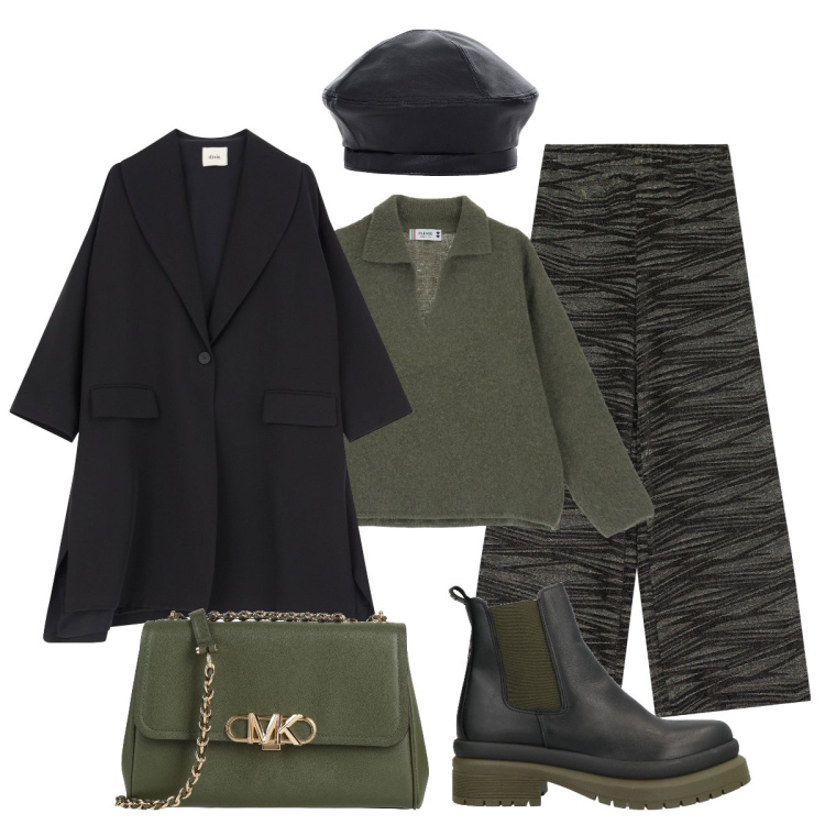 Outfit donna - Stilosi Pantapalazzo. Stile Minimal per Ufficio. Abbinamento con stivaletti, borse a tracolla, pantaloni a palazzo, blazer, cappelli e berretti, pullovers.