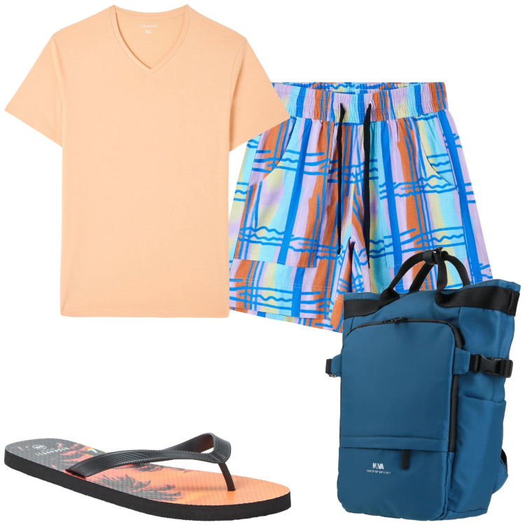 Outfit uomo - Mare mare. Stile Casual per Mare. Abbinamento con borse sportive, sandali, bermuda, t-shirt.