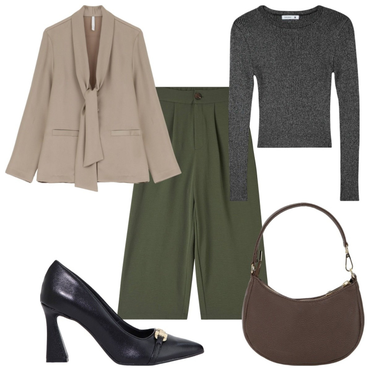 Outfit donna - Total look #2044528. Stile Trendy per Tutti i giorni. Abbinamento con pantaloni a palazzo, maglieria, stivaletti, blazer, borse a spalla.