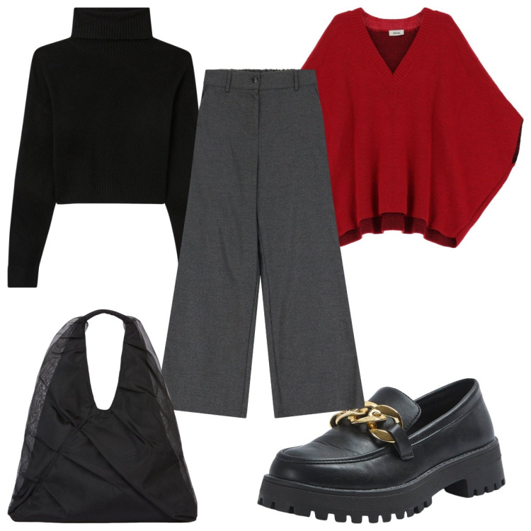 Outfit donna - Total look #2044529. Stile Trendy per Tutti i giorni. Abbinamento con mocassini, maglieria, pantaloni a palazzo, cappotti, shopping bag.