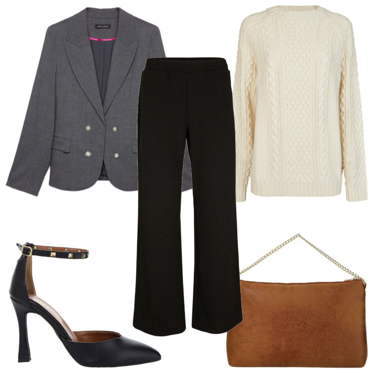 Outfit donna - Total look #2044532. Stile Minimal per Tutti i giorni. Abbinamento con pantaloni a palazzo, décolleté, pochette, maglieria, blazer.