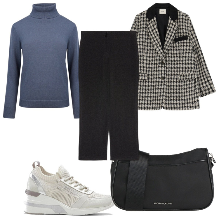 Outfit donna - Total look #2044535. Stile Trendy per Tutti i giorni. Abbinamento con sneakers, borse a tracolla, blazer, maglieria, pantaloni a palazzo.