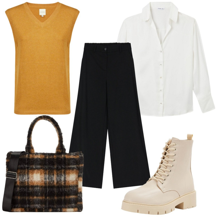 Outfit donna - Total look #2044541. Stile Trendy per Tutti i giorni. Abbinamento con anfibi, shopping bag, camicie, pantaloni a palazzo, maglieria.