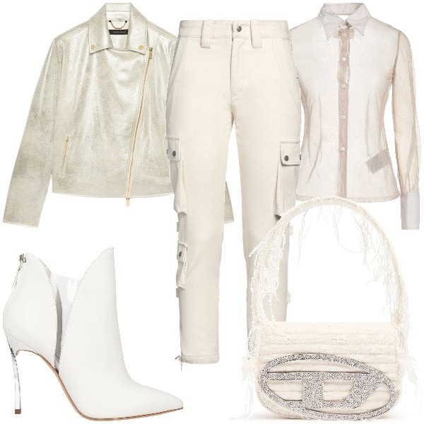 Outfit donna - Total look #2044548. Stile Rock per Serata fuori. Abbinamento con camicie, pantaloni cargo, stivaletti, blazer, borse a spalla.
