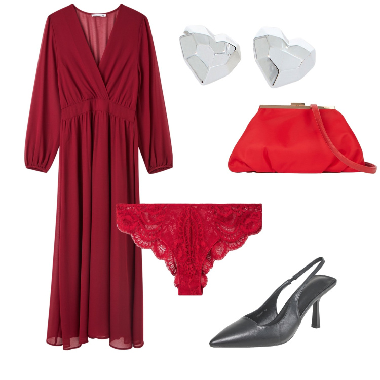 Outfit donna - San Valentino in sconto. Stile Glamour per Serata fuori. Abbinamento con vestiti lunghi, culotte, décolleté, orecchini, pochette.