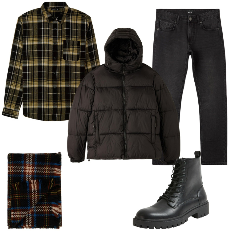 Outfit uomo - Camicia a quadri. Stile Urban per Tutti i giorni. Abbinamento con camicie, piumini, jeans dritti, anfibi, sciarpe.