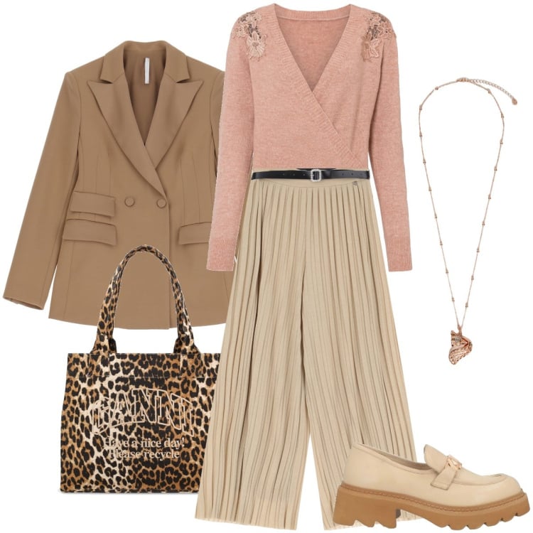 Outfit donna - Pantaloni palazzo plissè. Stile Urban per Ufficio. Abbinamento con mocassini, maglieria, ciondoli, blazer, pantaloni a palazzo, shopping bag.