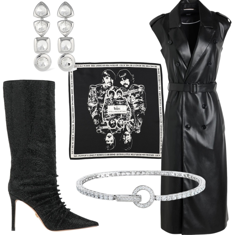 Outfit donna - Serata rock. Stile Rock per Serata fuori. Abbinamento con stivali, vestiti midi/longuette, sciarpe, braccialetti, orecchini.