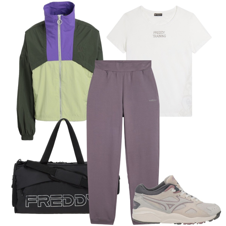 Outfit donna - Workout all’aperto. Stile Sporty chic per Sport. Abbinamento con sneakers, blazer, borse sportive, pantaloni, t-shirt.