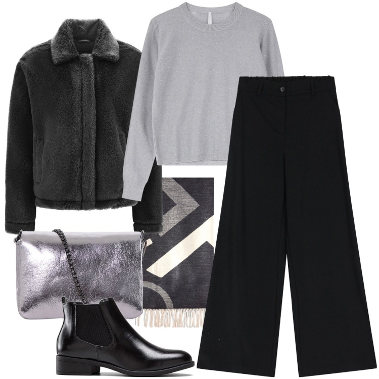 Outfit donna - La maglia lurex. Stile Urban per Serata fuori. Abbinamento con stivaletti chelsea, maglieria, cappotti, pantaloni a palazzo, pochette, sciarpe.