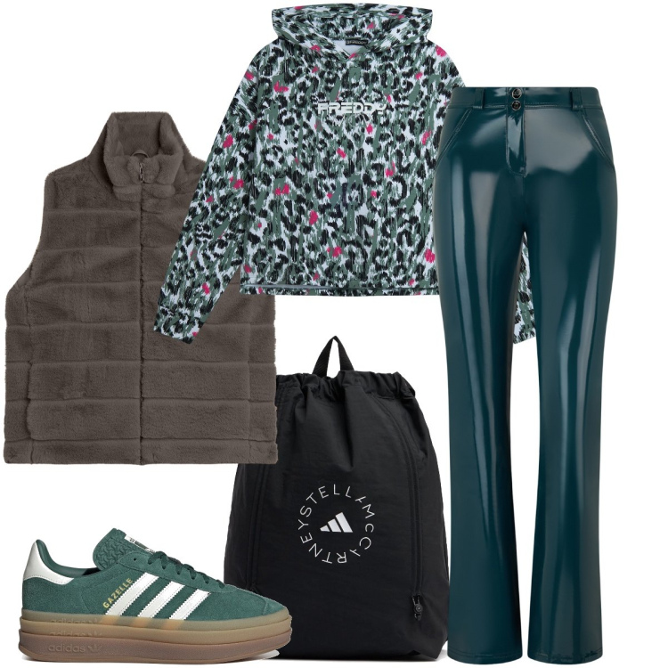 Outfit donna - I leggins verde petrolio. Stile Sporty chic per Sport. Abbinamento con felpe con cappuccio, pantaloni, gilet, sneakers, zaini.