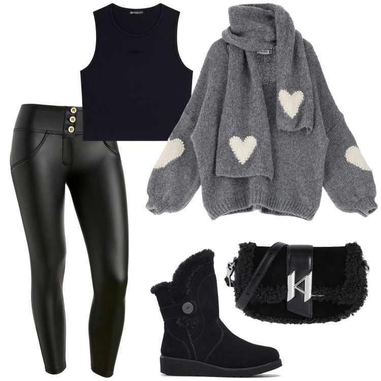 Outfit donna - Total look #2044613. Stile Casual per Tutti i giorni. Abbinamento con stivali, borse a spalla, maglieria, pantaloni skinny, top.