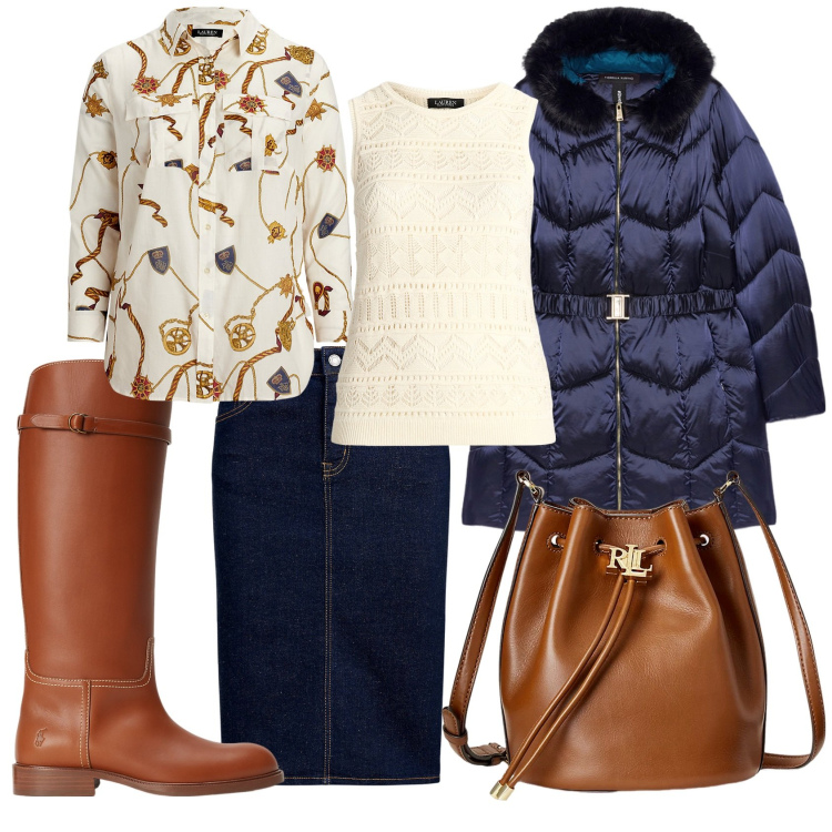 Outfit donna - Casual office. Stile Casual per Ufficio. Abbinamento con gonne, camicie, maglieria, stivali, borse a secchiello, piumini.