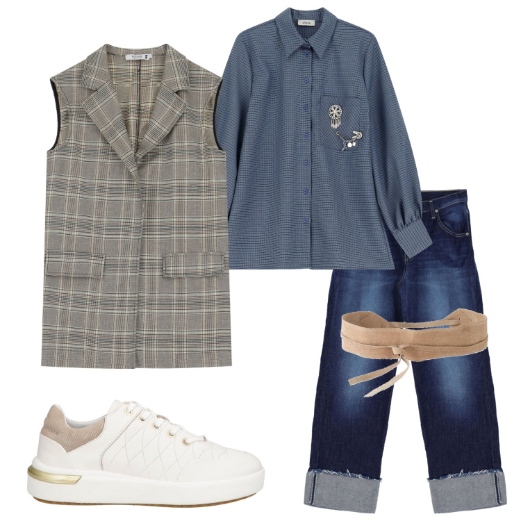 Outfit donna - Casual chic. Stile Casual chic per Ufficio. Abbinamento con cinture, sneakers, gilet, jeans, camicie.