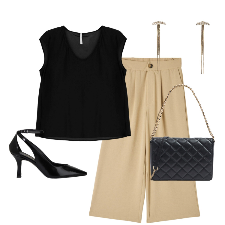 Outfit donna - Pantaloni palazzo beige. Stile Chic per Serata fuori. Abbinamento con pantaloni a palazzo, orecchini, borse a tracolla, top, décolleté.