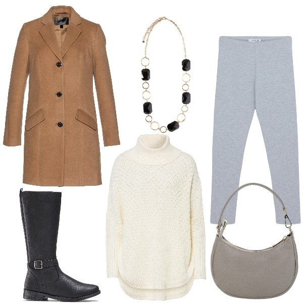 Outfit donna - Total look #2044662. Stile Casual per Tutti i giorni. Abbinamento con maglieria, stivali, cappotti, leggings, borse a spalla, collane.