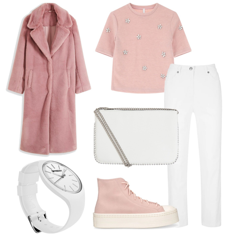 Outfit donna - soft winter. Stile Sporty chic per Tutti i giorni. Abbinamento con pantaloni, ecopellicce, borse a tracolla, maglieria, orologi, sneakers.