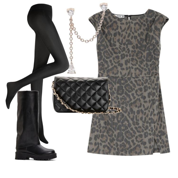 Outfit donna - Serata. Stile Trendy per Serata fuori. Abbinamento con collant, borse a tracolla, stivali, orecchini, vestiti corti.