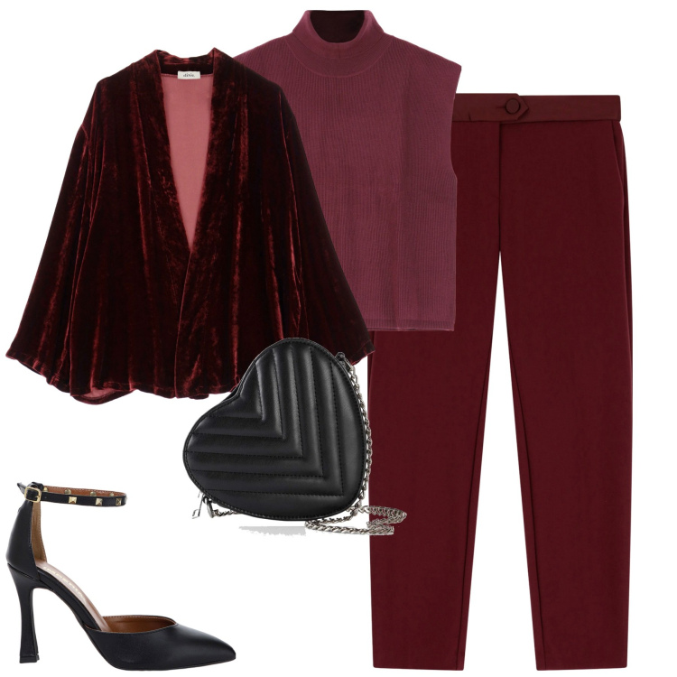 Outfit donna - Rouge. Stile Trendy per Serata fuori. Abbinamento con borse a tracolla, pantaloni, maglieria, décolleté, blazer.