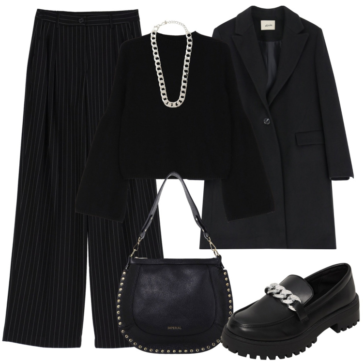Outfit donna - Total look #2044681. Stile Minimal per Ufficio. Abbinamento con mocassini, collane, borse a spalla, pantaloni a palazzo, maglieria, cappotti.