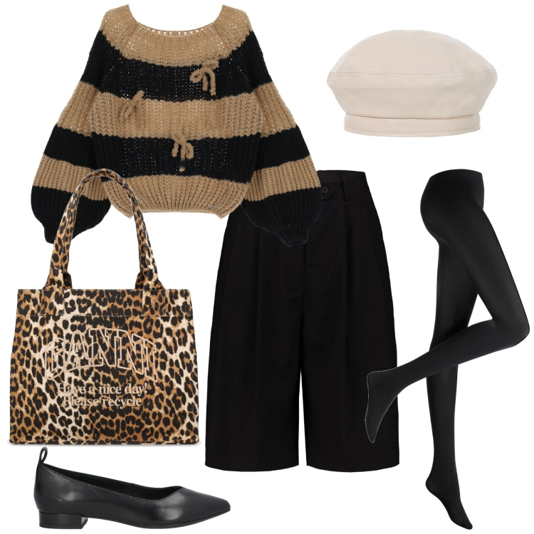 Outfit donna - Bermuda d inverno. Stile Trendy per Tutti i giorni. Abbinamento con collant, ballerine, maglieria, cappelli e berretti, shopping bag, bermuda.