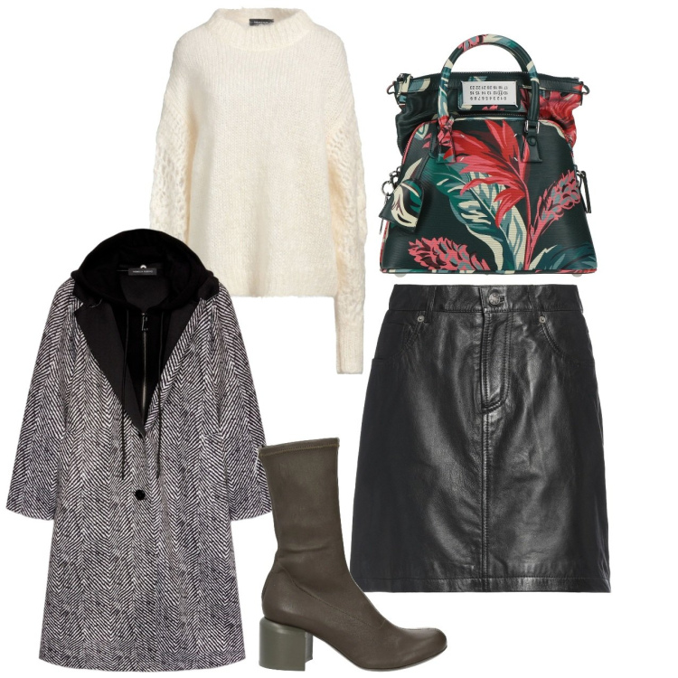 Outfit donna - La borsa stampata. Stile Chic per Tutti i giorni. Abbinamento con minigonne, borse a mano, stivaletti, pullovers, cappotti.